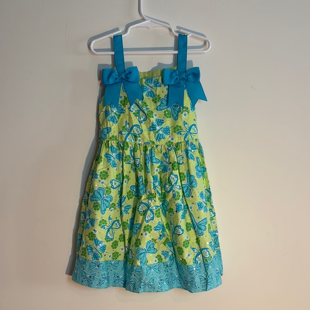 Bonnie Jean Pleated Tie Front Sundress in Blue and Green